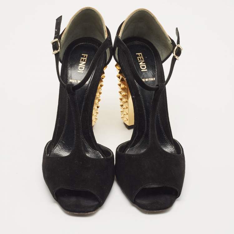Pre Owned Fendi Black/Gold Suede And Embossed Leather Studded Heel T-Strap Sandals Size 38