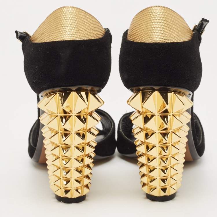 Pre Owned Fendi Black/Gold Suede And Embossed Leather Studded Heel T-Strap Sandals Size 38