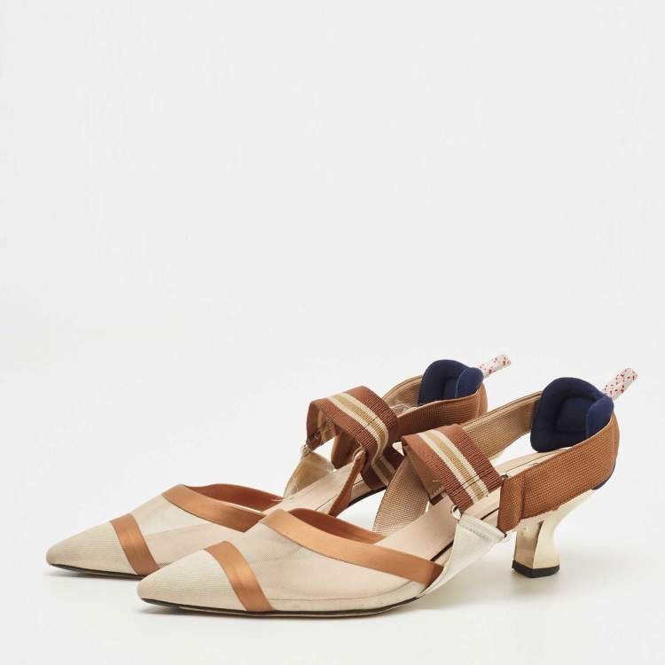 Pre Owned Fendi Brown/Beige Zucca Mesh, Leather and Canvas Colibri Pumps Size 38