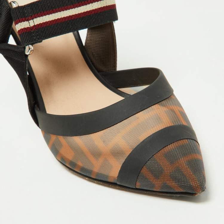 Pre Owned Fendi Brown Zucca Mesh and Canvas Colibri Slingback Pumps Size 36