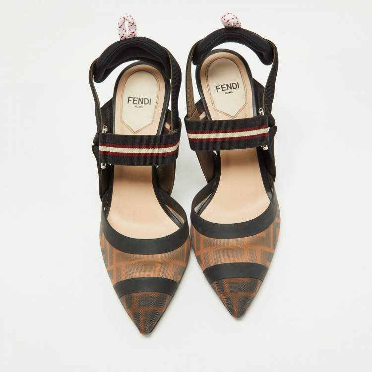 Pre Owned Fendi Brown Zucca Mesh and Canvas Colibri Slingback Pumps Size 36
