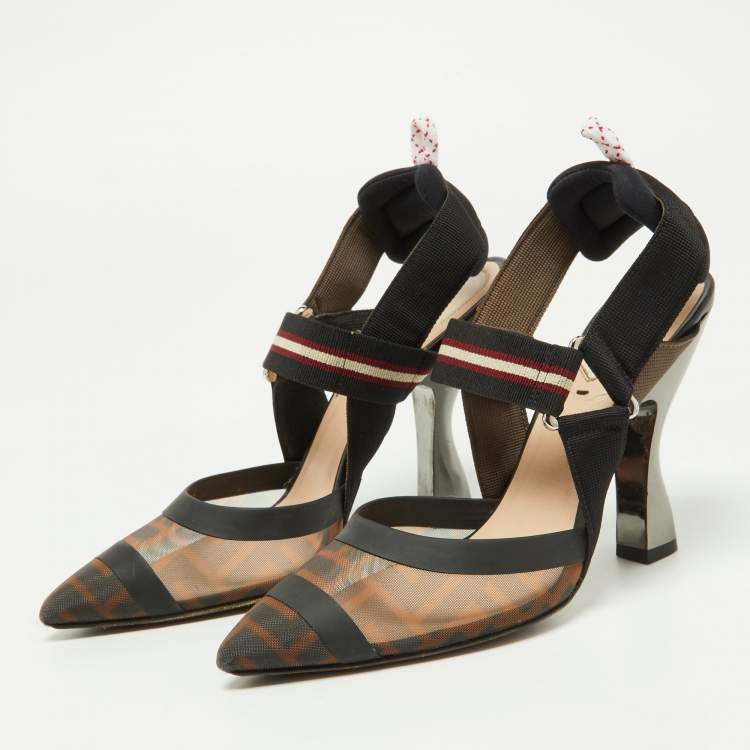 Pre Owned Fendi Brown Zucca Mesh and Canvas Colibri Slingback Pumps Size 36
