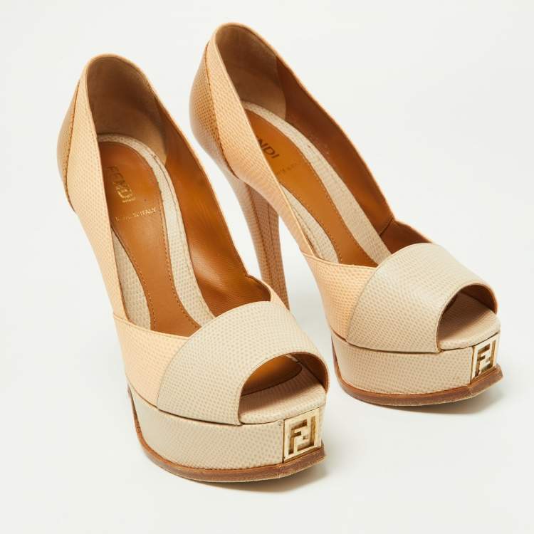Pre Owned Fendi Tri Color Fendista Colorblock Lizard-Embossed Leather Peep Toe Platform Pumps Size 36.5