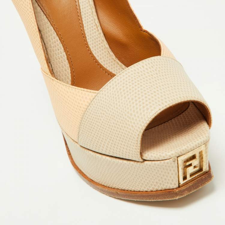 Pre Owned Fendi Tri Color Fendista Colorblock Lizard-Embossed Leather Peep Toe Platform Pumps Size 36.5