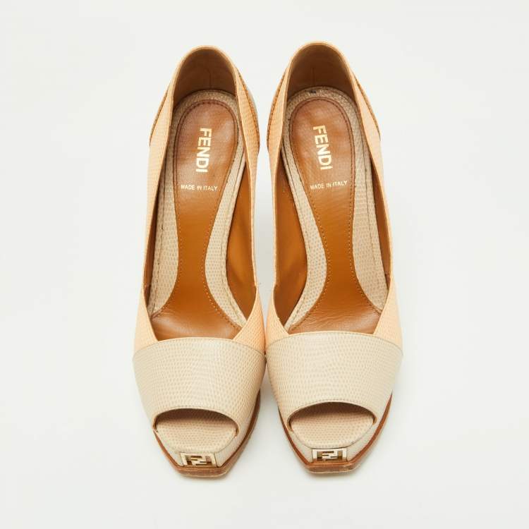 Pre Owned Fendi Tri Color Fendista Colorblock Lizard-Embossed Leather Peep Toe Platform Pumps Size 36.5