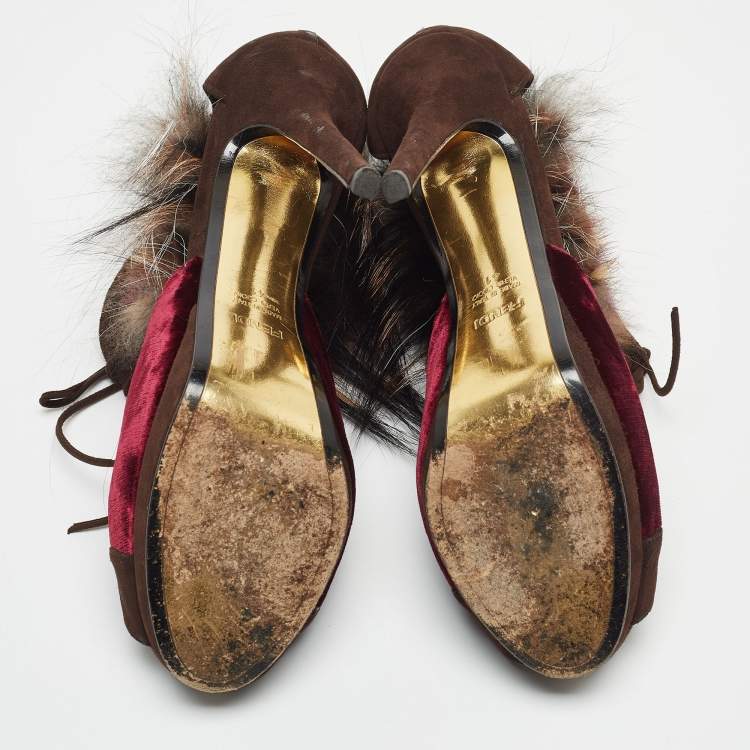 مملوكة مسبقًا Fendi Multicolor Faux Fur and Suede Embellished Booties Size 41
