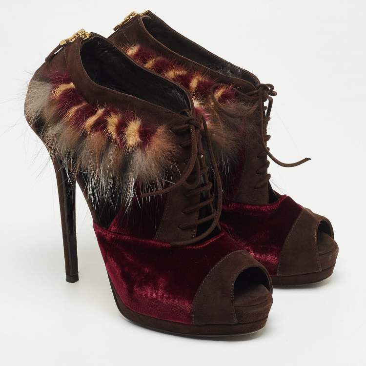 مملوكة مسبقًا Fendi Multicolor Faux Fur and Suede Embellished Booties Size 41