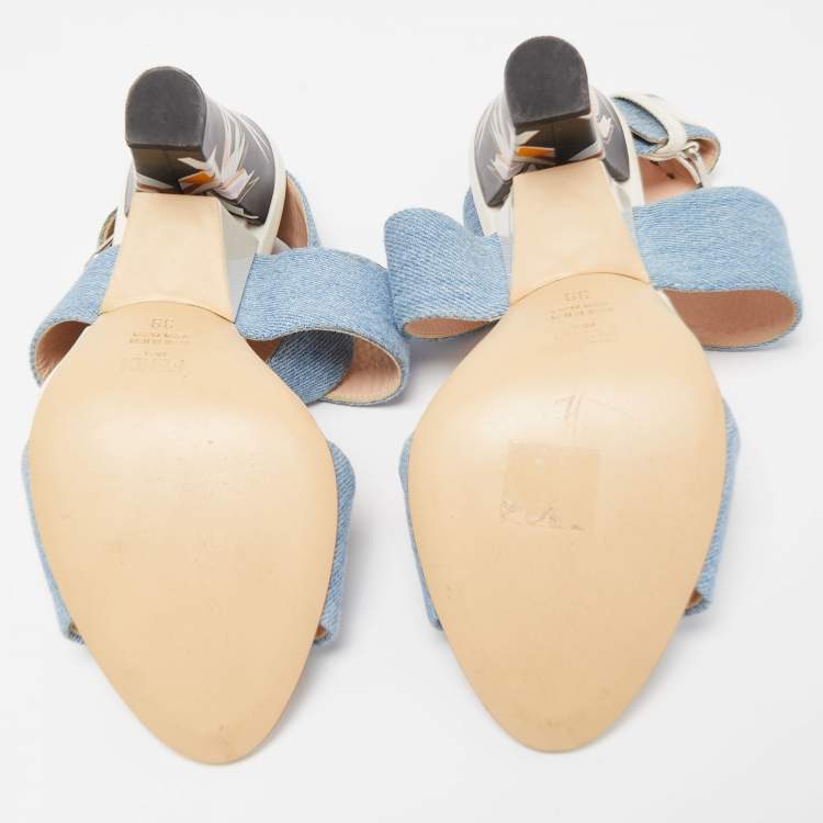 Pre Owned Fendi Blue Denim Buckle Detail Floral Heel Ankle Wrap Sandals Size 39