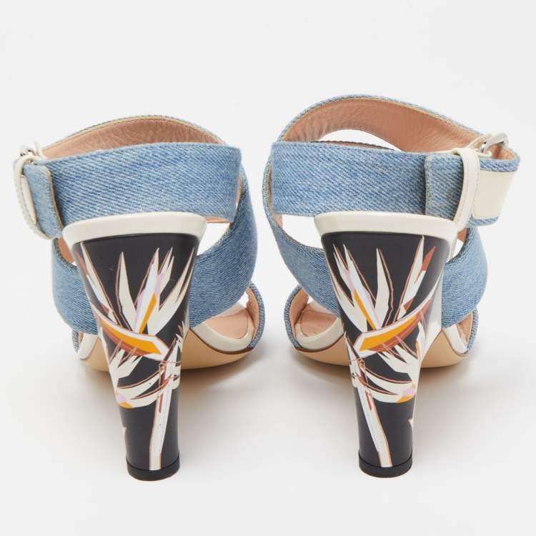 Pre Owned Fendi Blue Denim Buckle Detail Floral Heel Ankle Wrap Sandals Size 39