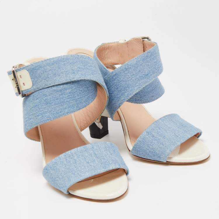 Pre Owned Fendi Blue Denim Buckle Detail Floral Heel Ankle Wrap Sandals Size 39