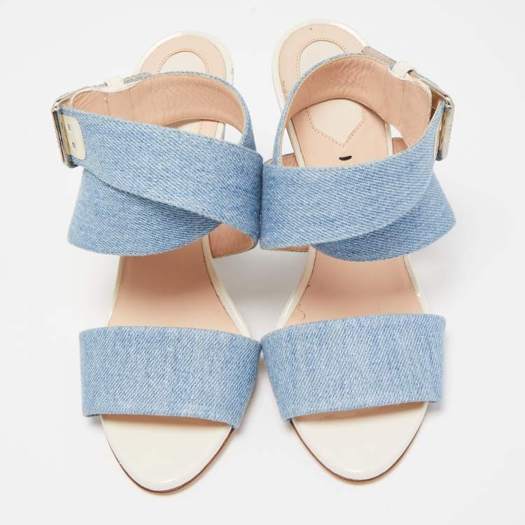 Pre Owned Fendi Blue Denim Buckle Detail Floral Heel Ankle Wrap Sandals Size 39