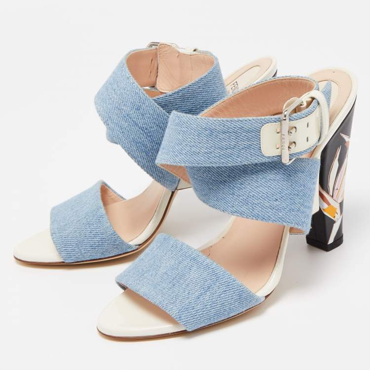 Pre Owned Fendi Blue Denim Buckle Detail Floral Heel Ankle Wrap Sandals Size 39