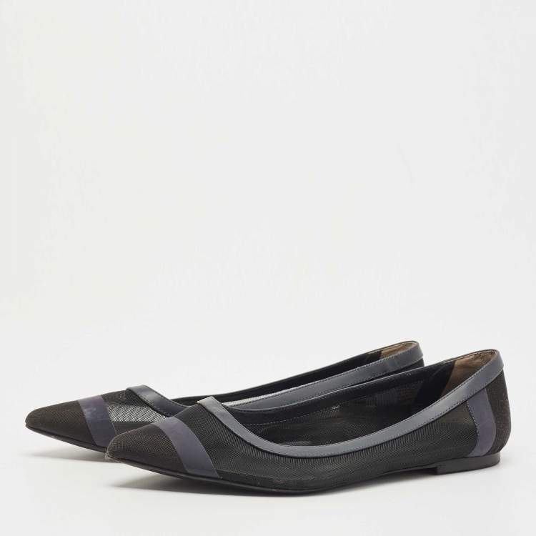 Pre Owned Fendi Black/Blue Mesh and Leather Colibri Ballet Flats Size 36.5