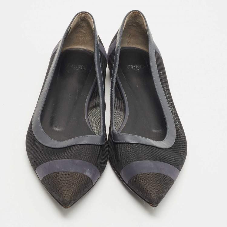 Pre Owned Fendi Black/Blue Mesh and Leather Colibri Ballet Flats Size 36.5