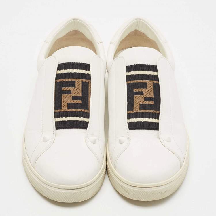 Pre Owned Fendi White/Brown Leather and Zucca Elastic Band Slip On Sneakers Size 40