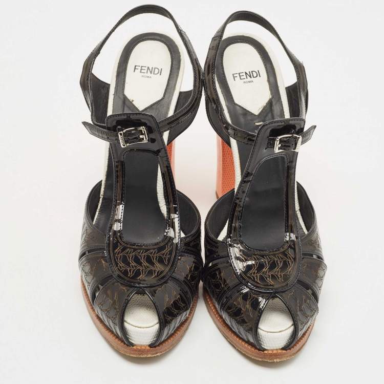 Pre Owned Fendi Black/Orange Patent Ankle Strap Sandals Size 40