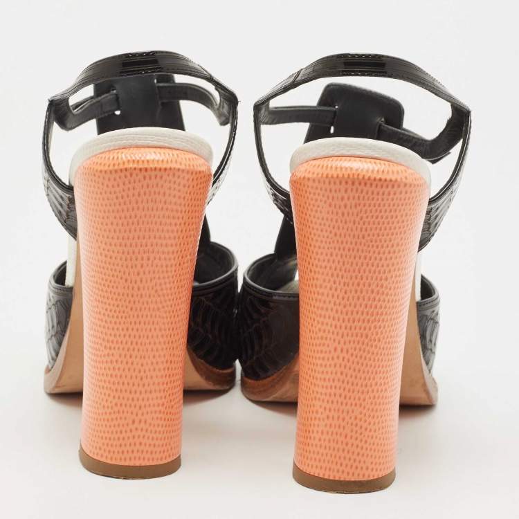 Pre Owned Fendi Black/Orange Patent Ankle Strap Sandals Size 40