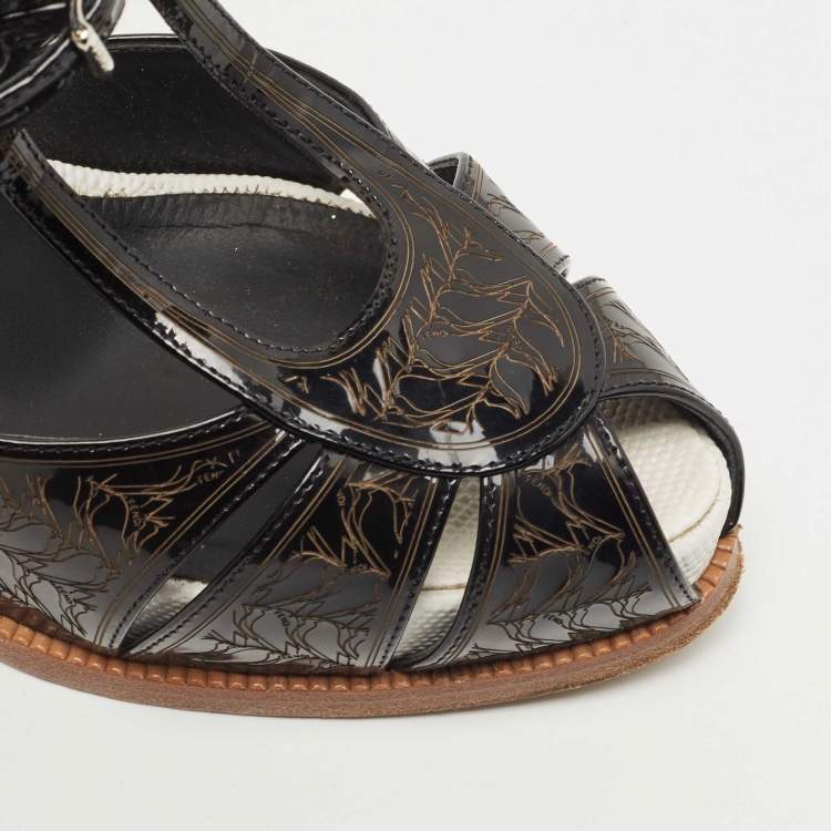 Pre Owned Fendi Black/Orange Patent Ankle Strap Sandals Size 40