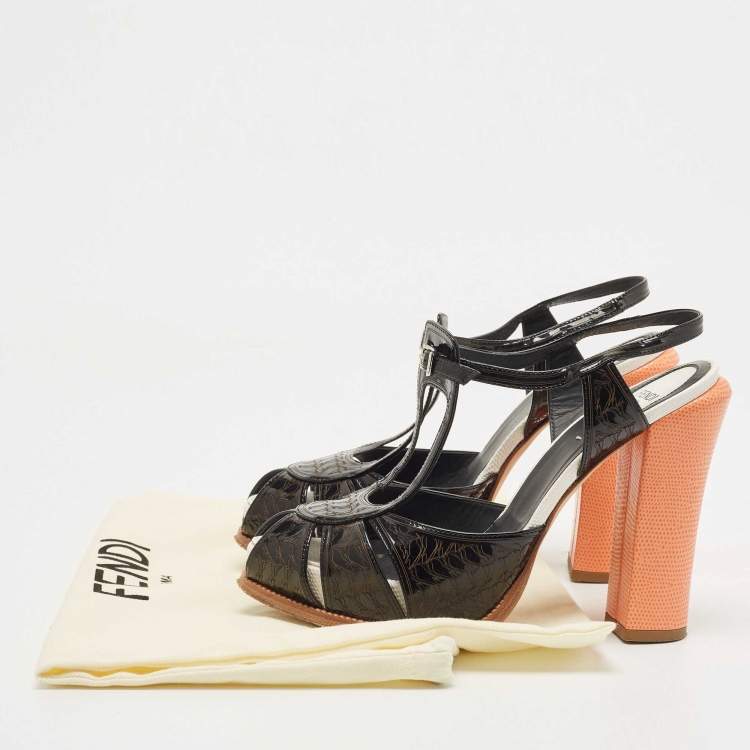 Pre Owned Fendi Black/Orange Patent Ankle Strap Sandals Size 40