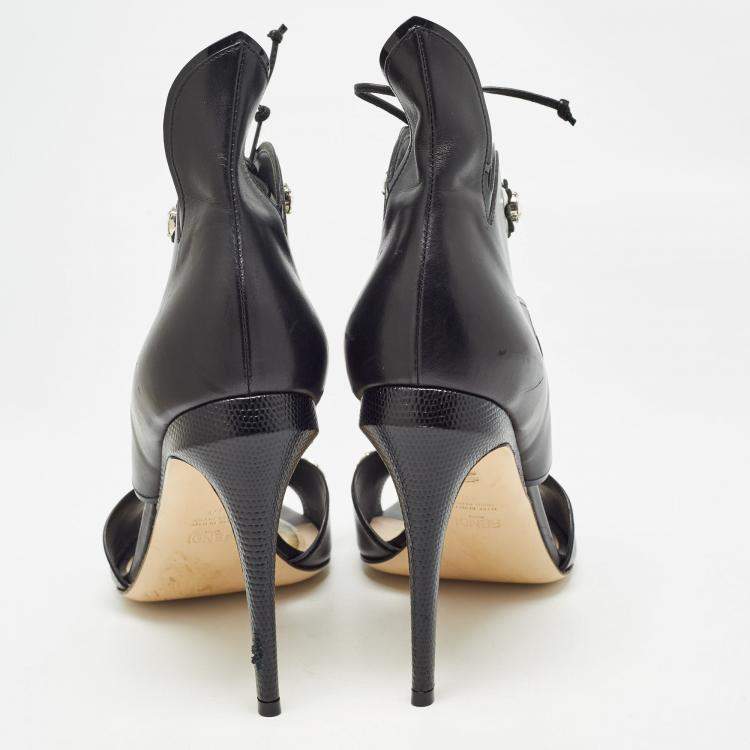 Pre Owned Fendi Black Leather Lace Up Crystal Embellished Sandals Size 40