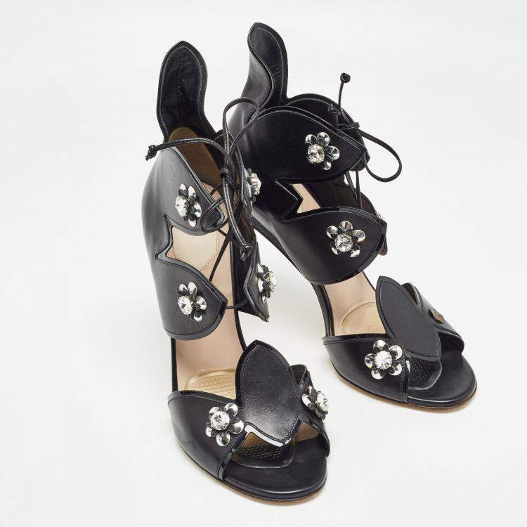 Pre Owned Fendi Black Leather Lace Up Crystal Embellished Sandals Size 40