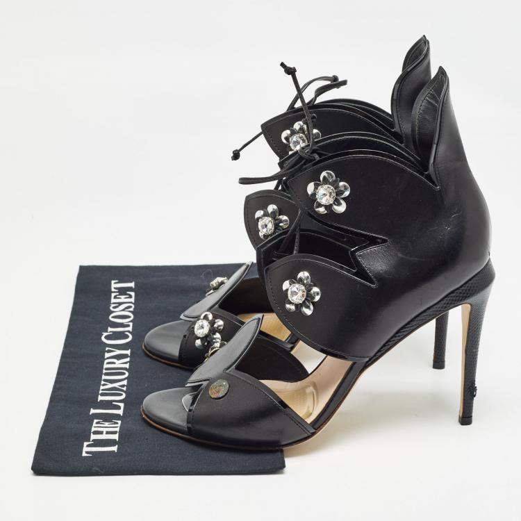 Pre Owned Fendi Black Leather Lace Up Crystal Embellished Sandals Size 40