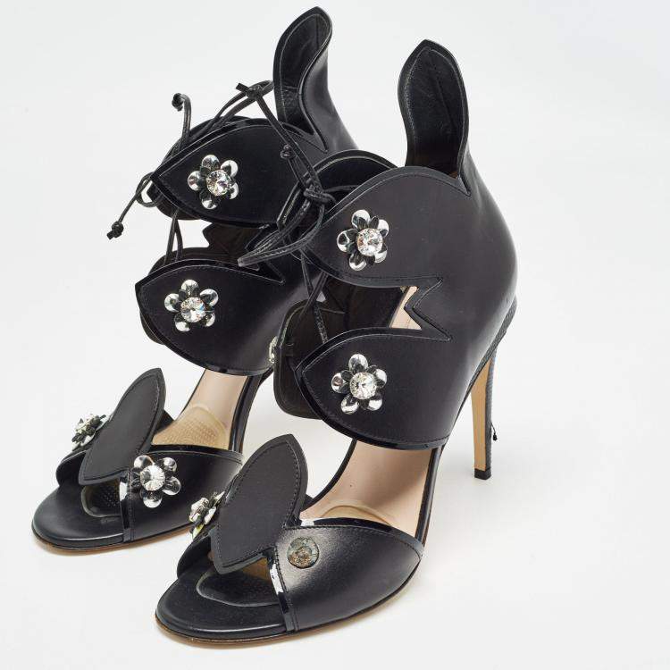 Pre Owned Fendi Black Leather Lace Up Crystal Embellished Sandals Size 40
