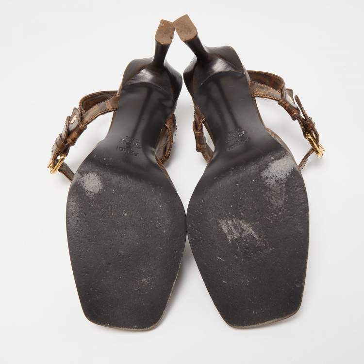 Pre Owned Fendi Brown Zucca Coated Canvas Ankle Strap Sandals Size 39.5