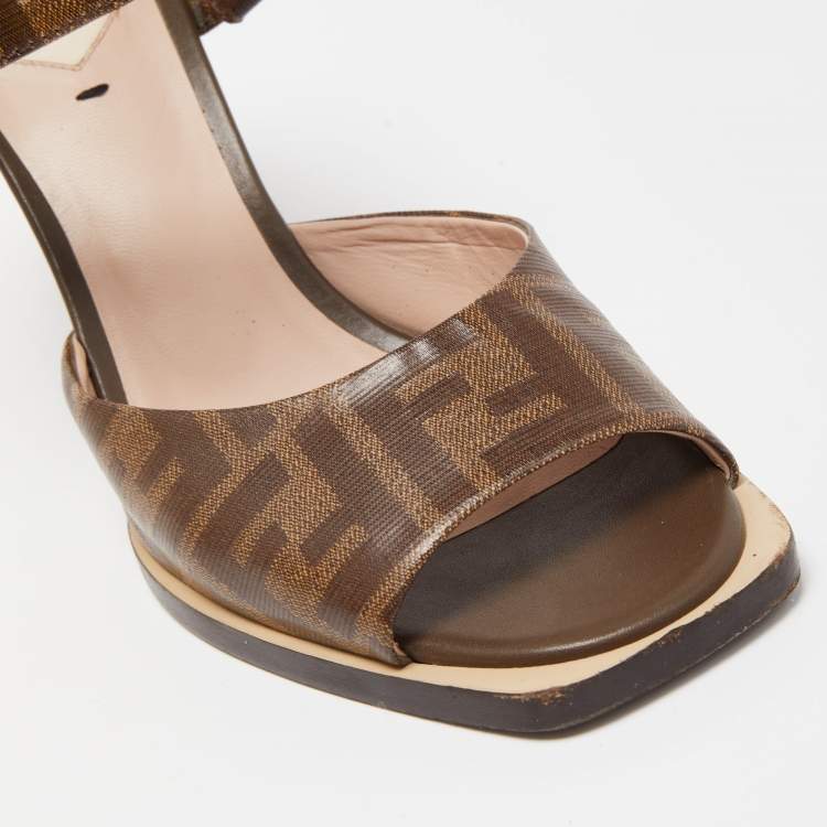 Pre Owned Fendi Brown Zucca Coated Canvas Ankle Strap Sandals Size 39.5