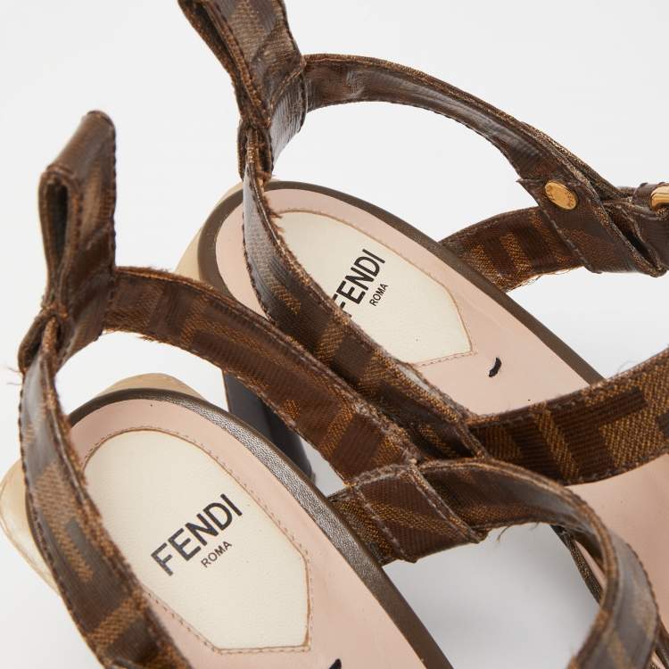 Pre Owned Fendi Brown Zucca Coated Canvas Ankle Strap Sandals Size 39.5