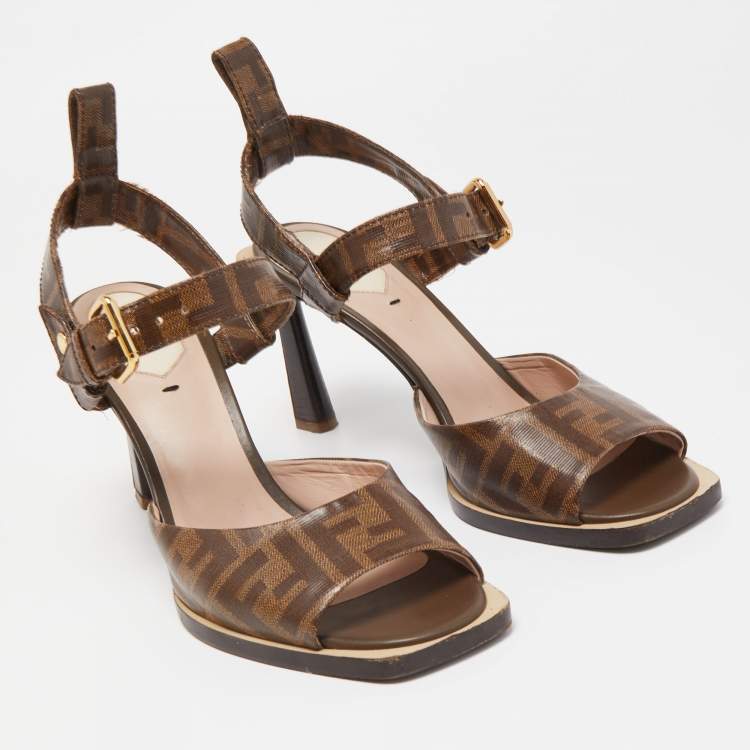 Pre Owned Fendi Brown Zucca Coated Canvas Ankle Strap Sandals Size 39.5