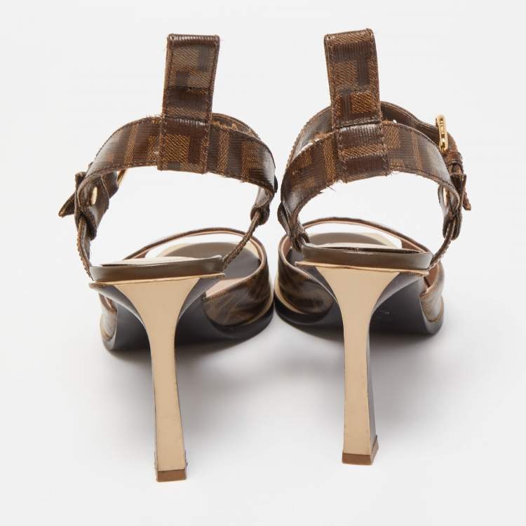 Pre Owned Fendi Brown Zucca Coated Canvas Ankle Strap Sandals Size 39.5