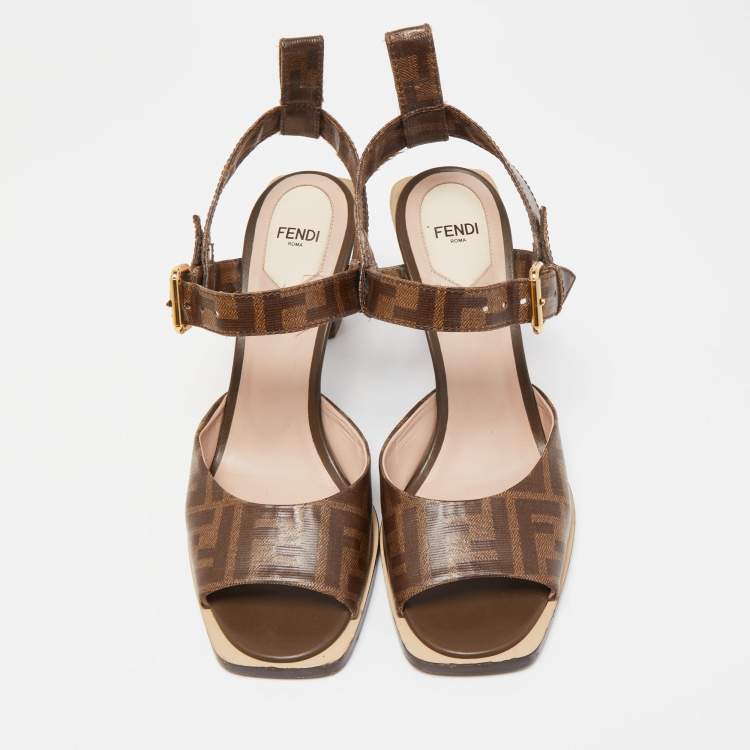 Pre Owned Fendi Brown Zucca Coated Canvas Ankle Strap Sandals Size 39.5
