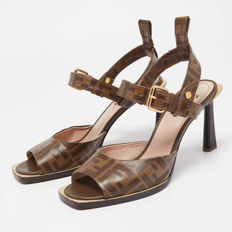 Pre Owned Fendi Brown Zucca Coated Canvas Ankle Strap Sandals Size 39.5