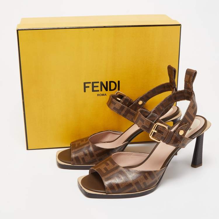 Pre Owned Fendi Brown Zucca Coated Canvas Ankle Strap Sandals Size 39.5