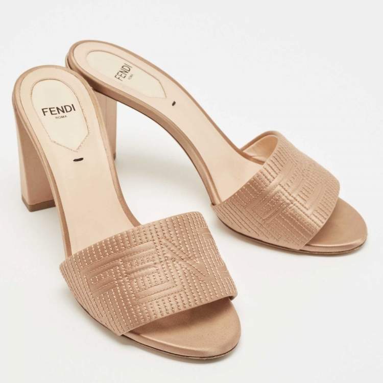 Pre Owned Fendi Beige Satin Logo Embroidered Block Heel Slides Size 37