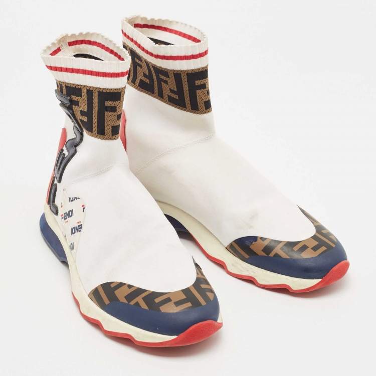 Pre Owned Fendi x Fila Multicolor Knit Fabric and Leather Mania Sock Sneakers Size 38
