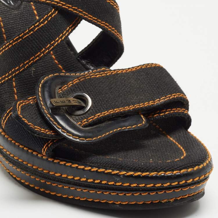 Pre Owned Fendi Black Canvas B Buckle Platform Wedge Sandals Size 39.5