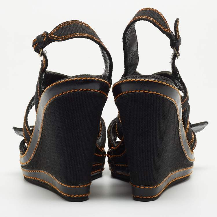 Pre Owned Fendi Black Canvas B Buckle Platform Wedge Sandals Size 39.5