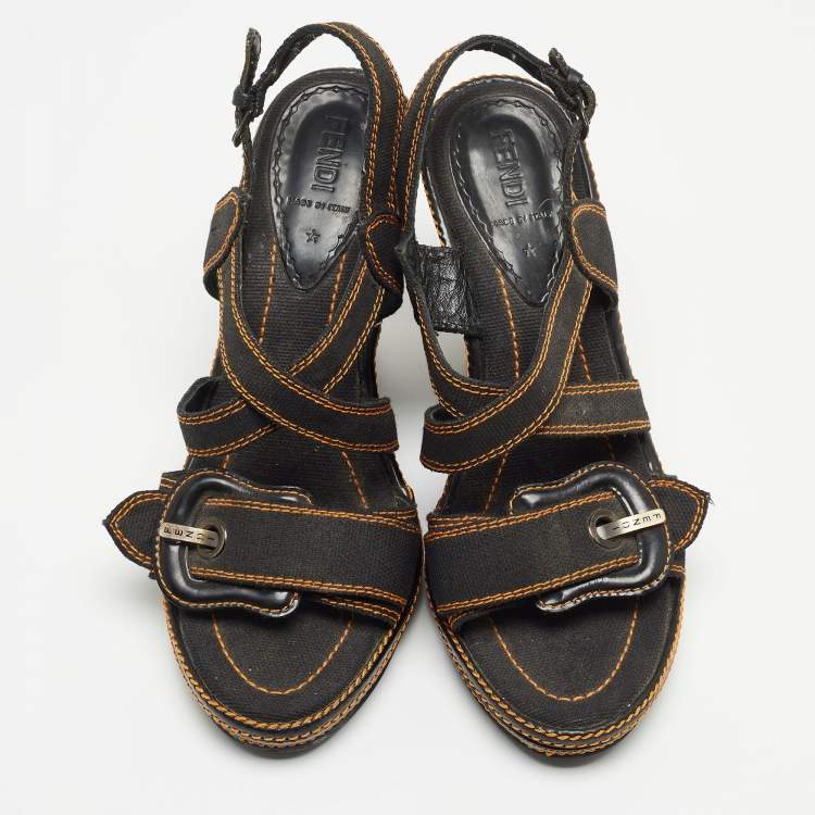 Pre Owned Fendi Black Canvas B Buckle Platform Wedge Sandals Size 39.5