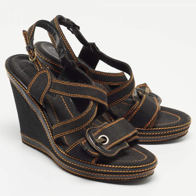 Pre Owned Fendi Black Canvas B Buckle Platform Wedge Sandals Size 39.5