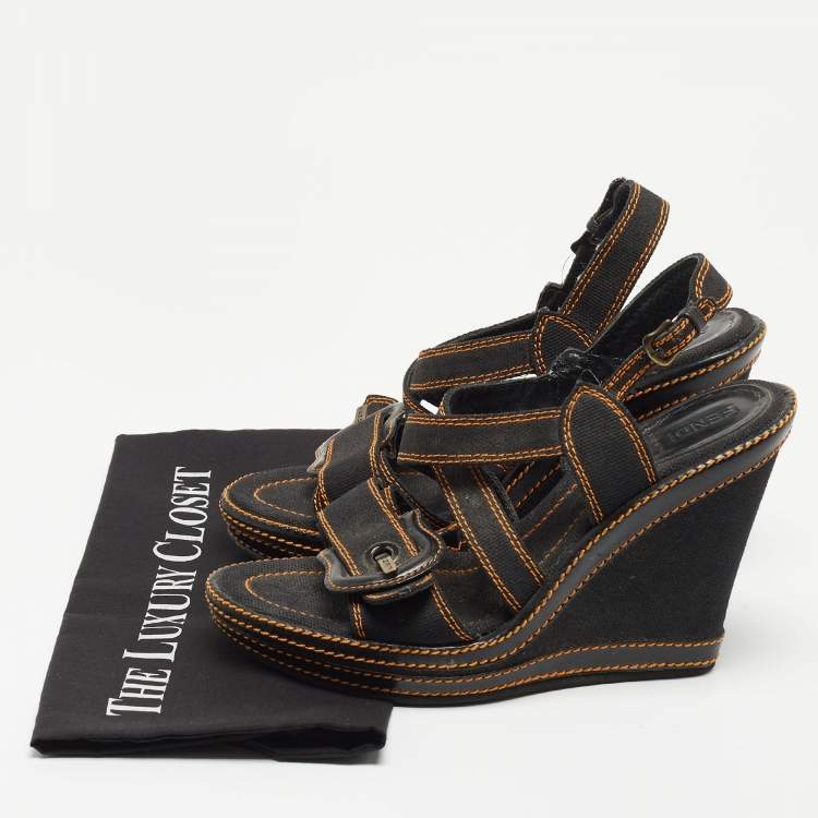 Pre Owned Fendi Black Canvas B Buckle Platform Wedge Sandals Size 39.5