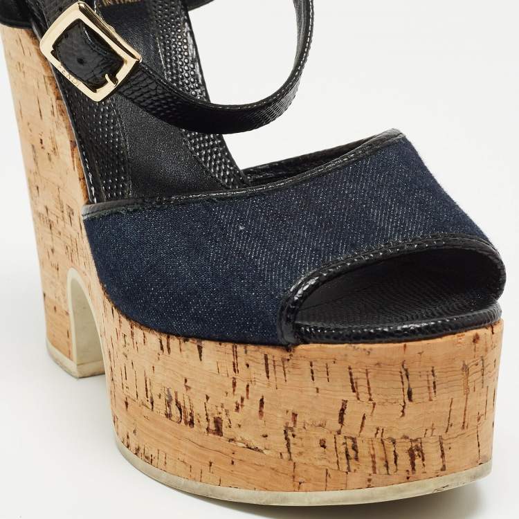 Pre Owned Fendi Navy Blue/Black Denim and Lizard Embossed Leather Cork Wedge Platform Ankle Strap Sandals Size 38