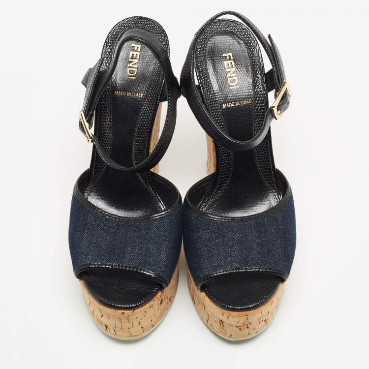 Pre Owned Fendi Navy Blue/Black Denim and Lizard Embossed Leather Cork Wedge Platform Ankle Strap Sandals Size 38