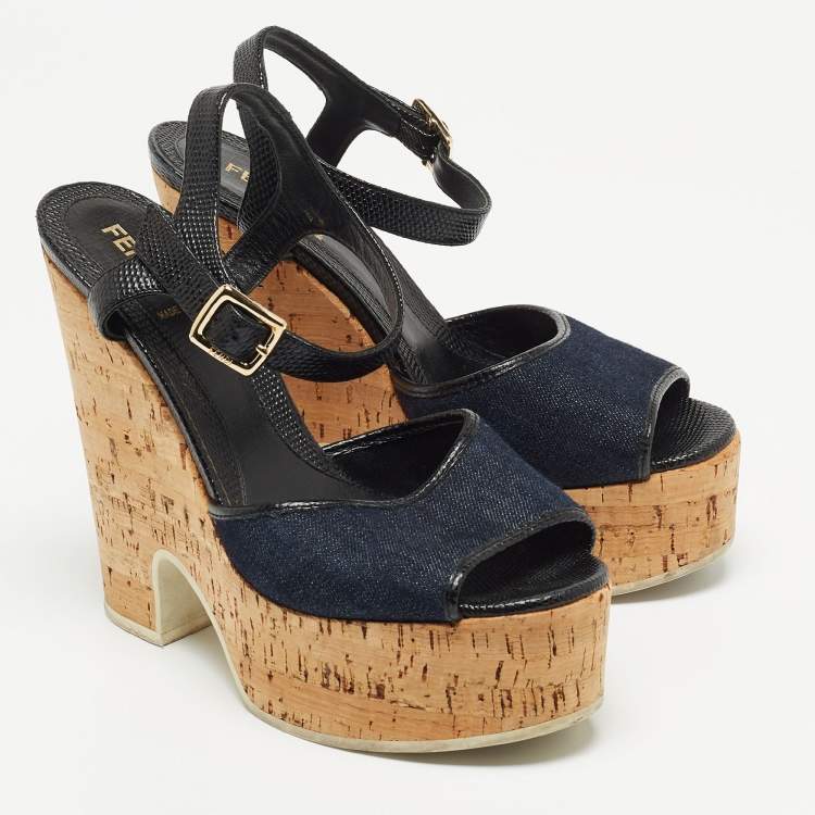 Pre Owned Fendi Navy Blue/Black Denim and Lizard Embossed Leather Cork Wedge Platform Ankle Strap Sandals Size 38