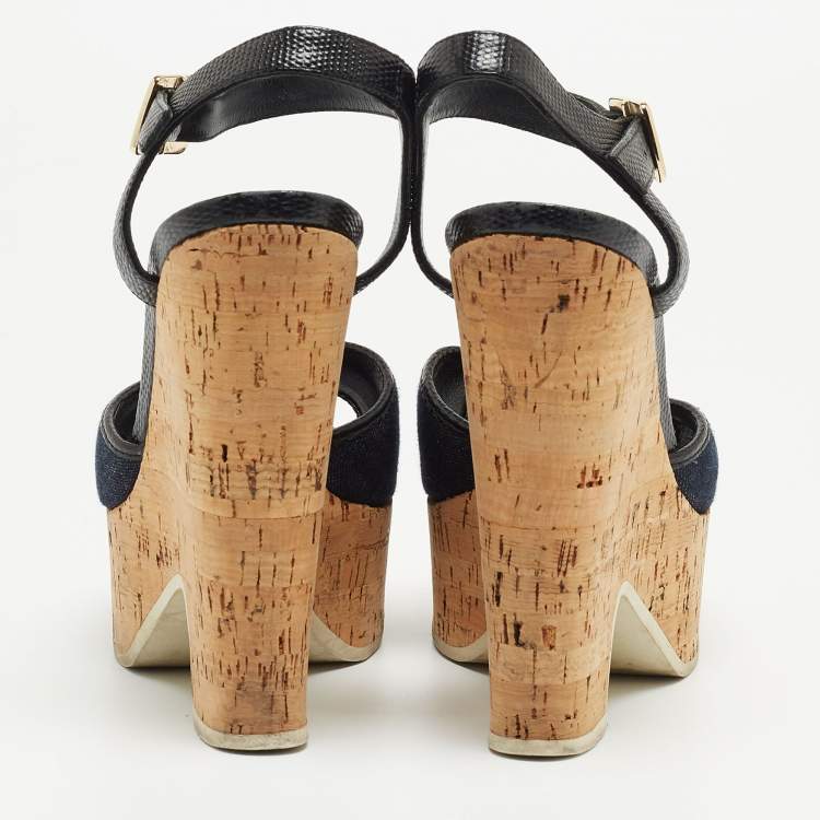 Pre Owned Fendi Navy Blue/Black Denim and Lizard Embossed Leather Cork Wedge Platform Ankle Strap Sandals Size 38