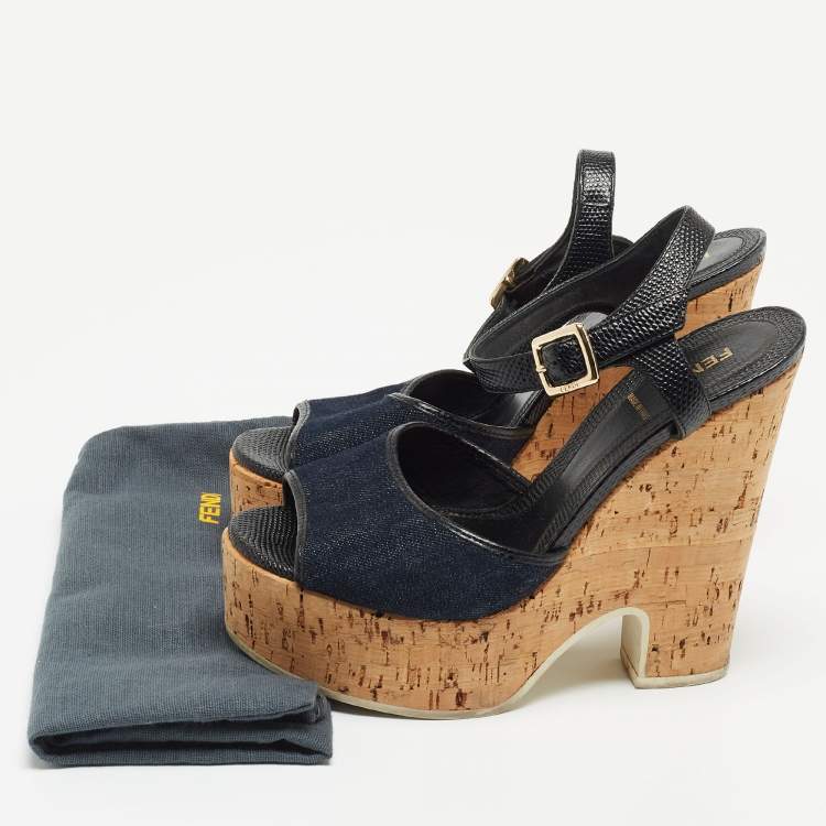 Pre Owned Fendi Navy Blue/Black Denim and Lizard Embossed Leather Cork Wedge Platform Ankle Strap Sandals Size 38