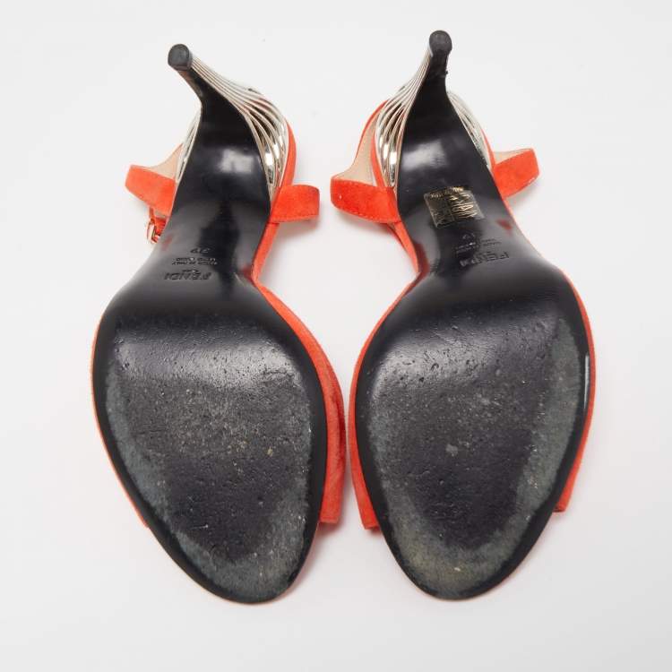 Pre Owned Fendi Orange Suede T-Bar Ankle Strap Sandals Size 39