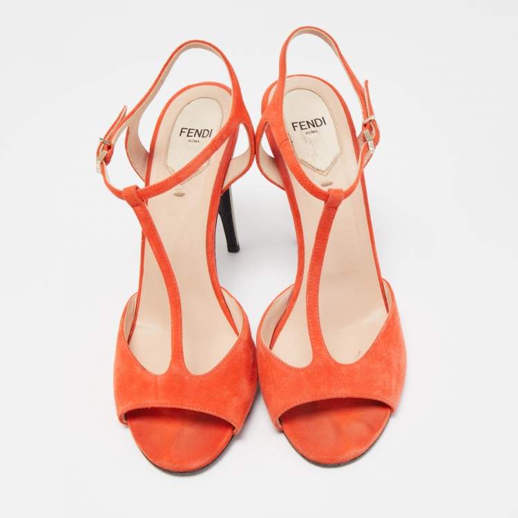 Pre Owned Fendi Orange Suede T-Bar Ankle Strap Sandals Size 39