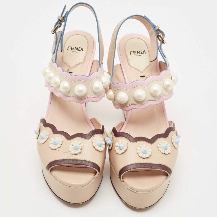 Pre Owned Fendi Pink/Beige Leather Pearl Studded Accents Sandals Size  39